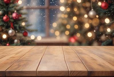 The primary subject of the image is a wooden table with a wooden surface. The setting is a room with a Christmas tree in the background, creating a festive atmosphere. The visual style is a photo, capturing the details of the wooden table and the Christmas tree. The colors and mood are predominantly warm and cozy, with the wooden table and the Christmas tree adding a sense of warmth and celebration to the scene.